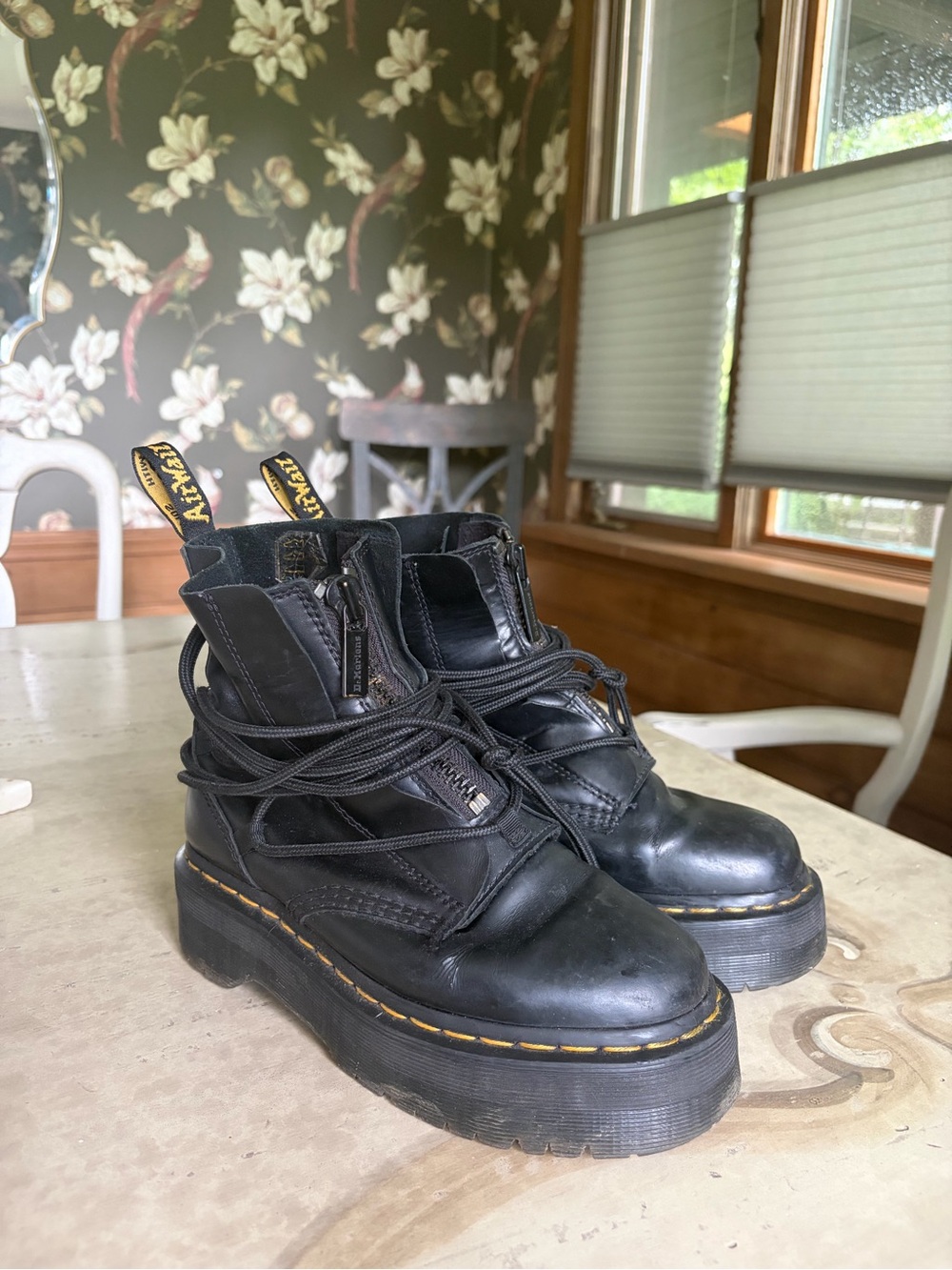 Dr. Martens Black Platform Lace-Up Combat Boots with Yellow Stitching